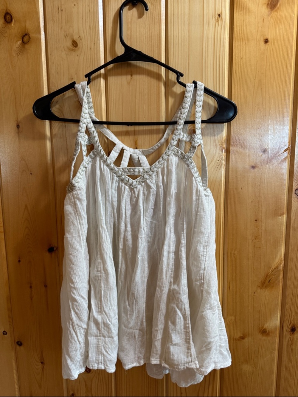 Women’s Cream Strappy Boho Tank Top w/ Silvery Stitching